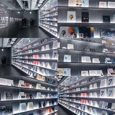 multiple shots of books on shelves in a book store, with the light reflecting off them