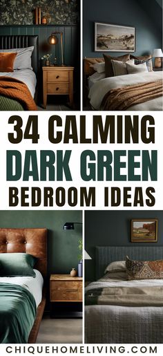 bedroom with dark green walls and bedding in the middle, text reads 34 calming dark green bedroom ideas