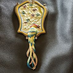 Beautiful Artdeco Bird Mirror Very Heavy Rhinestones And Enamel Couple Of Small Rhinestones Missing But Not Noticeable Antique Hand Held Mirror, Antique Green Multi-stone Jewelry, Antique Gold Mirror Handheld, Antique Green Pendant Brooch, Antique Green Filigree Brooches, Handheld Mirror, Antique Pink, Pink And Green, Art Deco