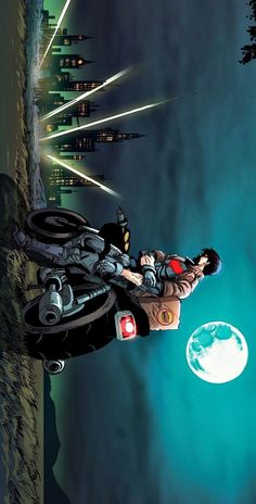 a man riding on the back of a motorcycle in front of a city at night