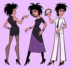 three cartoon women in different outfits and one is holding a cell phone to her ear