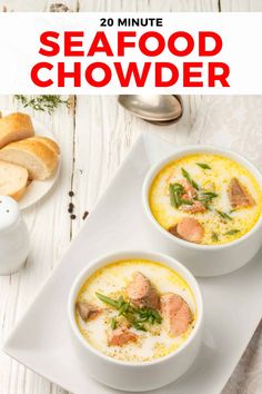 two bowls of seafood chowder on a white plate with bread in the background and text overlay