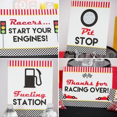 four pictures of signs that say start your engines, stop and fueling over them