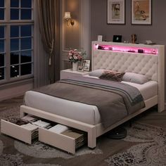 bedroom refresh ideas Baddie Bed Frame, Pink Queen Bed Frame, Light Up Bed Frame Bedroom Ideas, Cute Headboards For Beds, Cute Bed Frames Full, White Bed Frame Ideas, Light Up Bed Frame, White Led Lights Bedroom, Full Size Bed Ideas