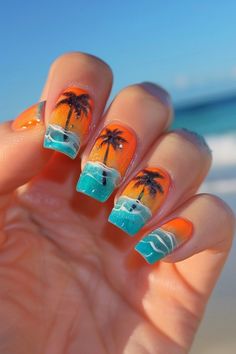 Ready for summer? Discover the hottest beach nail trends that are super cute and on point! Get inspired and nail your summer look. Beach Sunset Nail Designs, Sunset Palm Tree Nails, Sunset Beach Nails, Pikachu Nails, Nails Sunset, Hawaiian Nails, Vacation Nails Beach, Mermaid Nail