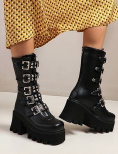 Black Gladiator Boots | Miyeon - (G)I-DLE 35 Winter Concert Platform Boots, Spring Party Platform Boots With Lug Sole, Punk Black Platform Boots For Fall, Black Gothic Platform Boots With Buckle Closure, Gothic Black Platform Boots With Buckle Closure, Black Platform Boots For Fall Concerts, Trendy Black Moto Boots For Winter, Winter Concert High Ankle Platform Boots, Winter High Ankle Platform Boots For Concerts