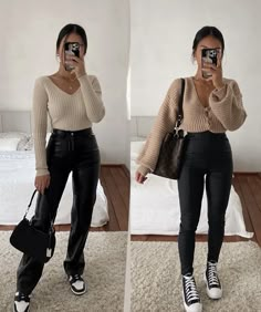 Outfit Converse, Lederhosen Outfit, Look Legging, Winter Fashion Outfits Casual, Beige Outfit, Cold Outfits, Trendy Sweaters, Legging Outfits, Stylish Sweaters