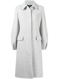 light grey virgin wool-blend straight-point collar concealed front fastening long sleeves two front flap pockets straight hem Elegant Gray Wool Coat With Pockets, Elegant Gray Wool Coat For Office, Elegant Gray Wool Coat For Formal Occasions, Office Wool Coat With Lapel Collar And Concealed Fastening, Paule Ka, Versace Outfit, Yoko London, Outerwear Coats, Coat Dress