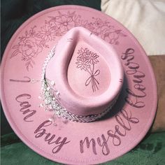 Wide Brimmed Western Hat. Handmade. I Can Buy Myself Flowers. Miley Cyrus Hat. Wood Burn Hat Design, Burned Hat Design Western, Valentines Homeschool, Custom Hats For Women, Burned Western Hats For Women, Painted Hats For Women, Burned Rancher Hats, Pyrography Hats, Burnt Design Cowboy Hat