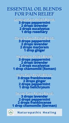 Explore the best essential oil blends for pain relief that work as an effective natural remedy. Many essential oils have anti-inflammatory and analgesic properties that can help alleviate pain. Discover essential oil blend recipes and learn how to use them. Try topic essential oil recipes, and blends for oil diffusers. #essentialoilblends Diffuser Blends For Healing After Surgery, Oils For Pain Relief, Best Essential Oil Blends, Headache Relief Essential Oils