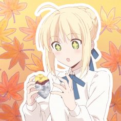 an anime character holding a donut in front of leaves