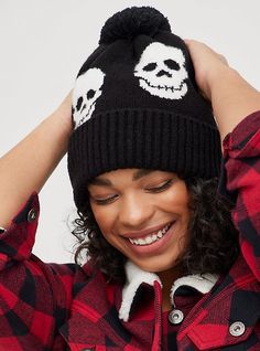 Matching Style(s): Search 16311652. FIT. Measures 76” x 14” . MATERIALS + CARE. 73% acrylic, 24% nylon, 3% spandex. Machine wash cold. Dry low. Imported. DETAILS. Skull print. . Pom on top. . The best plus size women's pom beanie - black skull beanies in multi. Torrid is your destination for cozy fall and winter clothes to keep you warm and comfortable. Fur Pom Pom Beanie, New Street Style, Beanie Black, Black Skull, Black Skulls, Faux Fur Pom Pom, Halloween Fashion, Pom Pom Hat, Matches Fashion