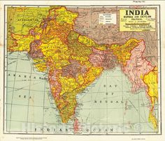 an old map of india showing the country's major cities and its capital, in bright colors