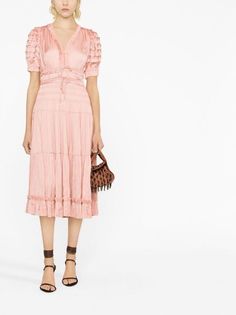 Ulla Johnson Carine Midi Dress - Farfetch Pink Ruched Short Sleeve Midi Dress, Pink Short Sleeve Ruched Midi Dress, Feminine Pleated Midi Dress With Short Sleeves, Feminine Pleated Short Sleeve Midi Dress, Feminine Short Sleeve Pleated Midi Dress, Midi Dress Pink, Pink Midi Dress, Ulla Johnson, Dress Pink