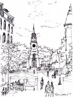 a black and white drawing of people walking in front of a building with a clock tower