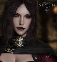 an image of a woman with dark hair and make - up on her face wearing a cape