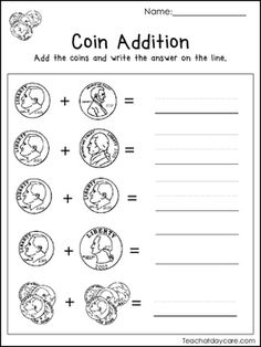 the coin addition worksheet for kids to practice counting and adding coins with numbers