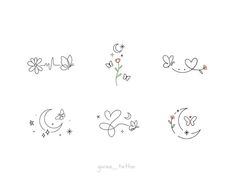 six different tattoos with hearts and flowers on them