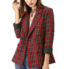 Pump up your power suit look with this flap pockets check pattern blazer. Get yourself in a boldly checked blazer with a double-breasted silhouette. Classic check pattern with notched lapel and double breasted closure blazer. All prepped up for the coming season, this double-breasted tartan jacket is loaded with styling options. Match with jeans for a casual look, or pair it with a smart midi skirt for a boss lady vibe. Occasions: Christmas Party, Halloween, Office, Work, Meetings, College, Form Tartan Jacket, Outfit Elegantes, Eliza Doolittle, Formal Blazer, Work Formal, Checked Blazer, Long Sleeve Blazers, Plaid Blazer, Chic Woman