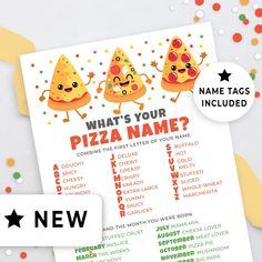 a pizza party game with three cartoon pizzas on it and the words what's your pizza name?