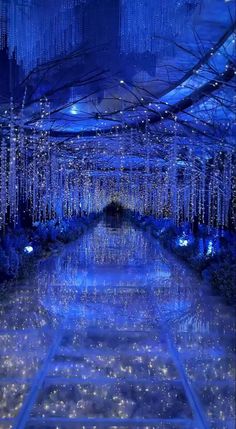 the inside of a building decorated with lights and chandeliers in blue hues