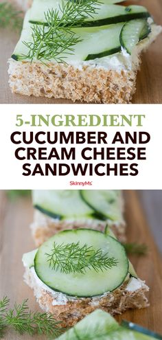 cucumber and cream cheese sandwiches with dill sprouts on top are the perfect appetizer