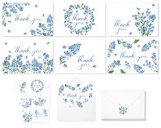 thank you cards and envelopes with blue flowers