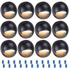 12 pack black outdoor wall light with white lights and blue pins on the bottom, set of