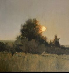 an oil painting of the sun setting over a field