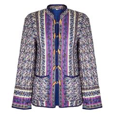 A very desirable and original 1960s Indian handprinted and painted, padded jacket. We love everything about these Indian print paisley jackets which epitomised the boho hippy chic vibe of the era. It is made from an extremely soft and tactile fine Indian gauze cotton that has been hand printed in wonderful colours of navy, turquoise and purple. The jacket is also hand embellished in gold paints and is edged in navy satin ribbon. There are two front pockets and the jacket fastens with a double ro Bohemian Spring Outerwear With Paisley Print, Bohemian Outerwear With Paisley Print For Spring, Bohemian Printed Winter Outerwear, Bohemian Fall Outerwear With Paisley Print, Fall Bohemian Outerwear With Paisley Print, Fall Bohemian Paisley Print Outerwear, Multicolor Bohemian Outerwear With Paisley Print, Bohemian Multicolor Paisley Print Outerwear, Paisley Jacket