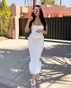 Stand out in this strappy midi dress, composed of a bandage material and decorated with feathers. Feel the luxe and comfort of the body-hugging fit with every step you take as the feathers create an elegant silhouette. https://www.instagram.com/p/CmTyZgas2nK/ White Dress Outfit Classy, Prep Aesthetic, Dress With Fur, Birthday Fit, White Bandage Dress, Birthday Fits, Strappy Midi Dress, White Pin, Bandage Midi Dress