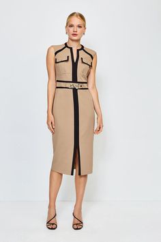 This Dress Elevates Utility Styling Beautifully. Detailed With Contrast Trims That'Ll Help To Streamline Your Figure, It Also Features Front-Flap Pockets With Stud Closures, Chain Belt Detail And A Front-Split Pencil Skirt. Utility Styling, Utility Dress, Sophisticated Office, Spring Business Casual, Pencil Dresses, Black Pencil Dress, Summer Work, Office Dress, Trim Dress