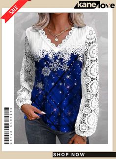 Women Long Sleeve V-neck Floral Printed Polka Dot Lace Christmas Tops Fitted V-neck Top For Holiday, Festive Christmas Top, V-neck Tops For Fall Holiday, V-neck Tops For Holiday In Fall, Festive White V-neck Top, Blue V-neck Tops For Festive Occasions, Christmas Tops, Red Purple, Floral Printed