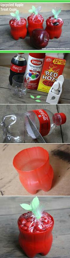 three pictures showing how to make an apple vase with plastic cups and glue on it