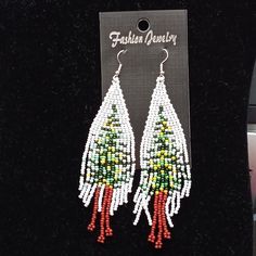 Hand Beaded Bohemian Dangle Earrings Featuring Christmas Tree Approximately 4.5” Long Brand New Beaded Tree Earrings, Holiday Beaded Dangle Earrings, Holiday Dangle Beaded Earrings, Handmade White Beaded Earrings For Christmas, White Beaded Christmas Dangle Earrings, Christmas White Beaded Dangle Earrings, White Christmas Beaded Dangle Earrings, White Beaded Dangle Earrings For Christmas, Festive White Earrings With Colorful Beads