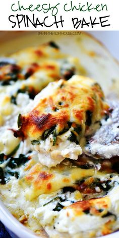 spinach chicken bake in a white casserole dish with text overlay