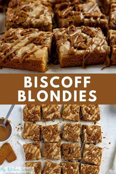 brownies with caramel drizzled on top and the words biscoff blondies below