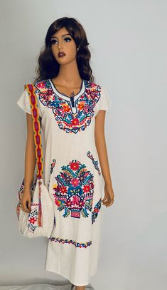 This dress is done with beautiful embroidery all the way down the front of the dress in the tradition, Mexican style. This is a US size small to medium as it has ties in the back where you can make it smaller in the waist if necessary. This is made out of raw cotton. Suggestion would be to hand wash this item and Line dry. I only have one of these left as they sell out for quite fast! Mexican Style Dresses, Pretty Little Dress, Mexican Heritage, Bohemian Skirt, Repurposed Clothing, Embroidered Midi Dress, Mexican Style, Way Down, Sell Out