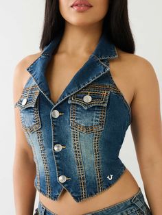 JIMMY SADDLE STITCH WESTERN HALTER VEST Black Denim Vest, Halter Vest, Upcycle Clothes Diy, Saddle Stitch, Repurposed Clothing, Womens Halter Tops, Denim Ideas, Western Outfits Women, Fall Denim