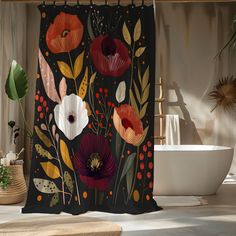 the shower curtain is decorated with colorful flowers and leaves, along with a bathtub