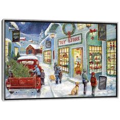 a painting of people walking down a snowy street with christmas trees in the store windows