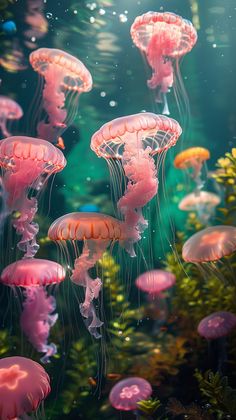 many pink jellyfish floating in an aquarium with algaes and plants around them on the water