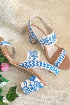 Blue Block Heels, Embroidered Heels, Make Up Videos, Ankle Strap Block Heel, Heels Online, Womens Summer Shoes, Blue Block, Leather Block Heels