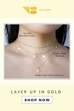 Lacy Mini Beaded Choker - $34 Matte Charm Necklace - $34 Golden Opal Charm Necklace - $36  Layer up in our dainty gold necklaces. Gold-plated over sterling silver these necklaces are made to last and will not tarnish!   #layerednecklacesgold #simplenecklaceeveryday #simplenecklaceeverydayclassy #goldjewelryfashion #minimaljewelry #goldnecklacesimple #goldnecklacelayeredoutfit #goldnecklacesimpleminimalistjewelry #goldnecklace #goldnecklacesimple #goldnecklacesimpleclassy #daintynecklacegold Simple Necklace Everyday, Gold Chokers, Dainty Choker Necklace, Dainty Choker, Necklace Layered, Dainty Gold Necklace, Gold Choker Necklace