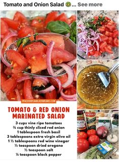 tomato and onion marinated salad is shown in this postcard with instructions to make it