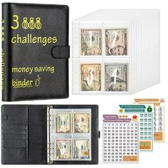 a book with money inside it next to a binder and calendars on the cover