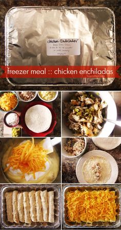 an image of freezer meal chicken enchiladas recipe collage with pictures