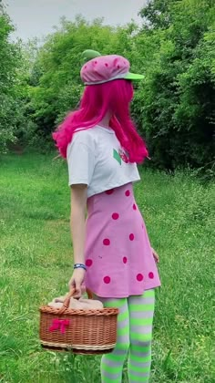 Costume With Pink Hair, Halloween Costumes Pink Hair, Pink Hair Costume Ideas Halloween, Pink Hair Halloween Costume Ideas, Diy Strawberry Shortcake Costume, Strawberry Shortcake Costume Women, Pink Hair Costume, Halloween Costumes Strawberry Shortcake, Pink Hair Halloween