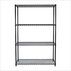 the four tier shelving unit is black and has three shelves on each side, one with