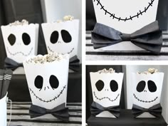 some paper cups with popcorn in them are decorated like jack skellings and skull faces